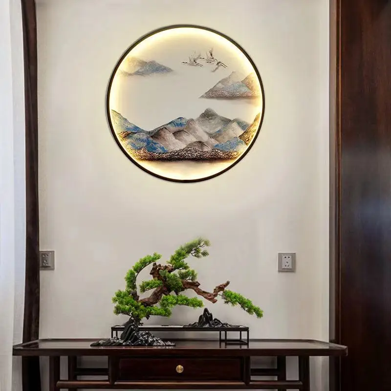 New Chinese Style Mural Wall Lamp Round Canvas Painting Light Fixture Wall for Aisle Corridor Living Room Background LED lights