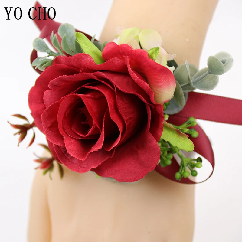 YO CHO Rood Boutonniere Bruiloft Bruidsmeisje Pols Corsages Hoge Kwaliteit Zijde Rose Bloem Meisje Corsages Prom Kunstmatige Rode Bloemen