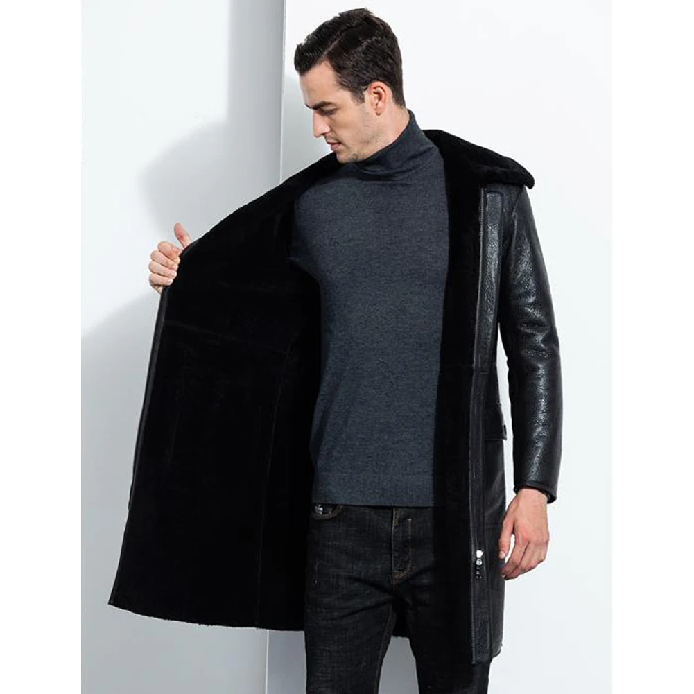 Denny&Dora New Mens Black B3 Shearling Coat Bomber Jacket Leather Jacket Winter Coats Long Sheepskin Jacket Trench Coat