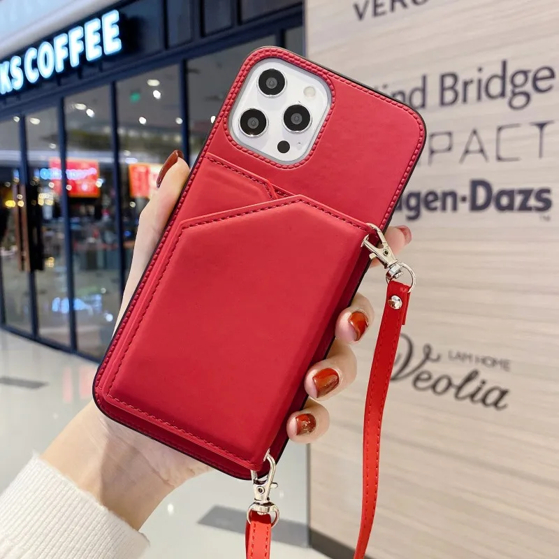 Wallet Case for iPhone 16 15 14 13 12 11 Pro Max Mini X XS Strap Card Slots Shockproof PU Leather Stand Crossbody Necklace Cover