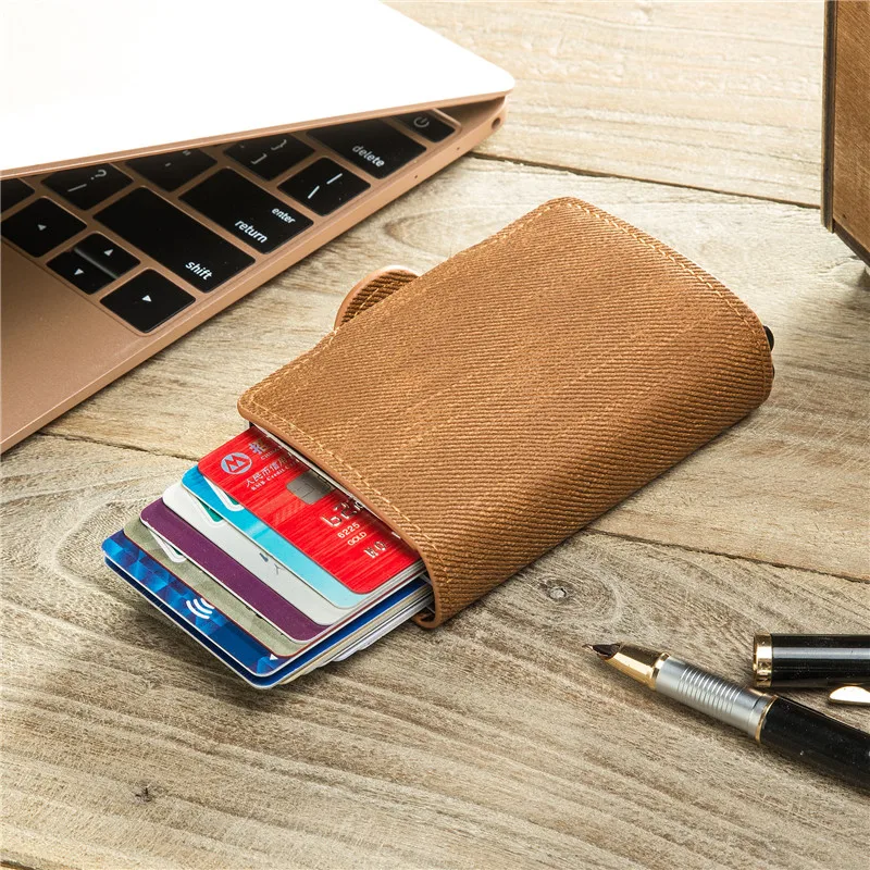 Custom Engraving Wallet RFID Blocking Card Holder Anti-theft Metal Double Box Credit Card Holder Denim Leather Wallet Cardholder