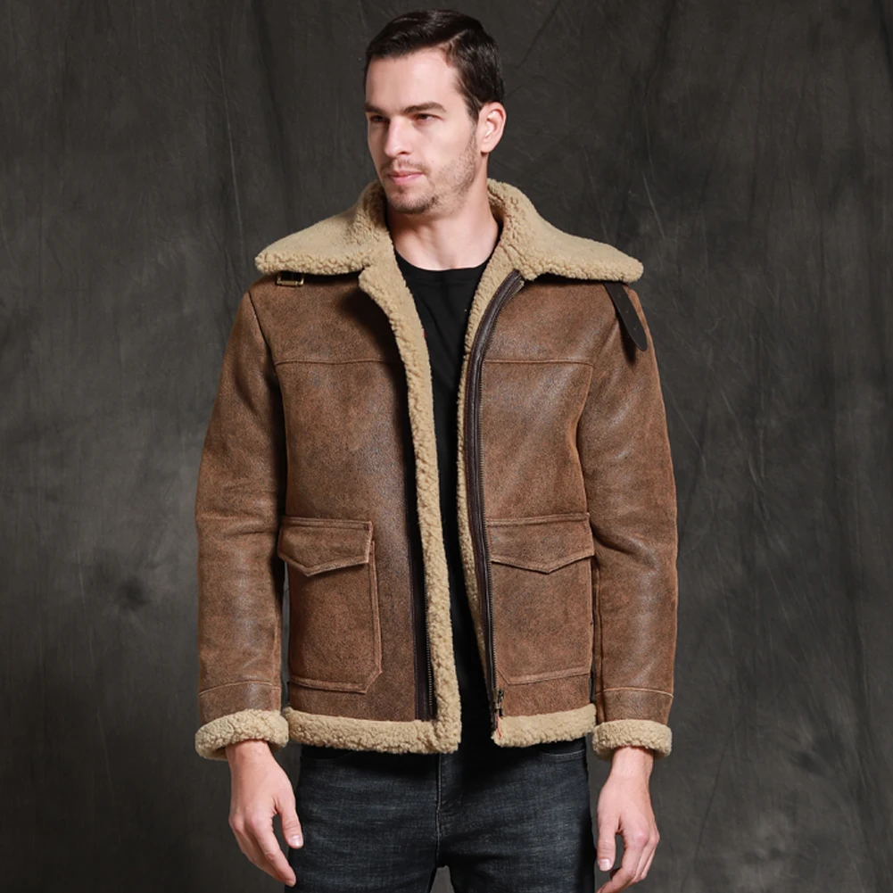 Denny&Dora New Mens Brown Sheepskin Shearling Jacket Short Leather Jacket Fur Coat Thick Mens Winter Coats