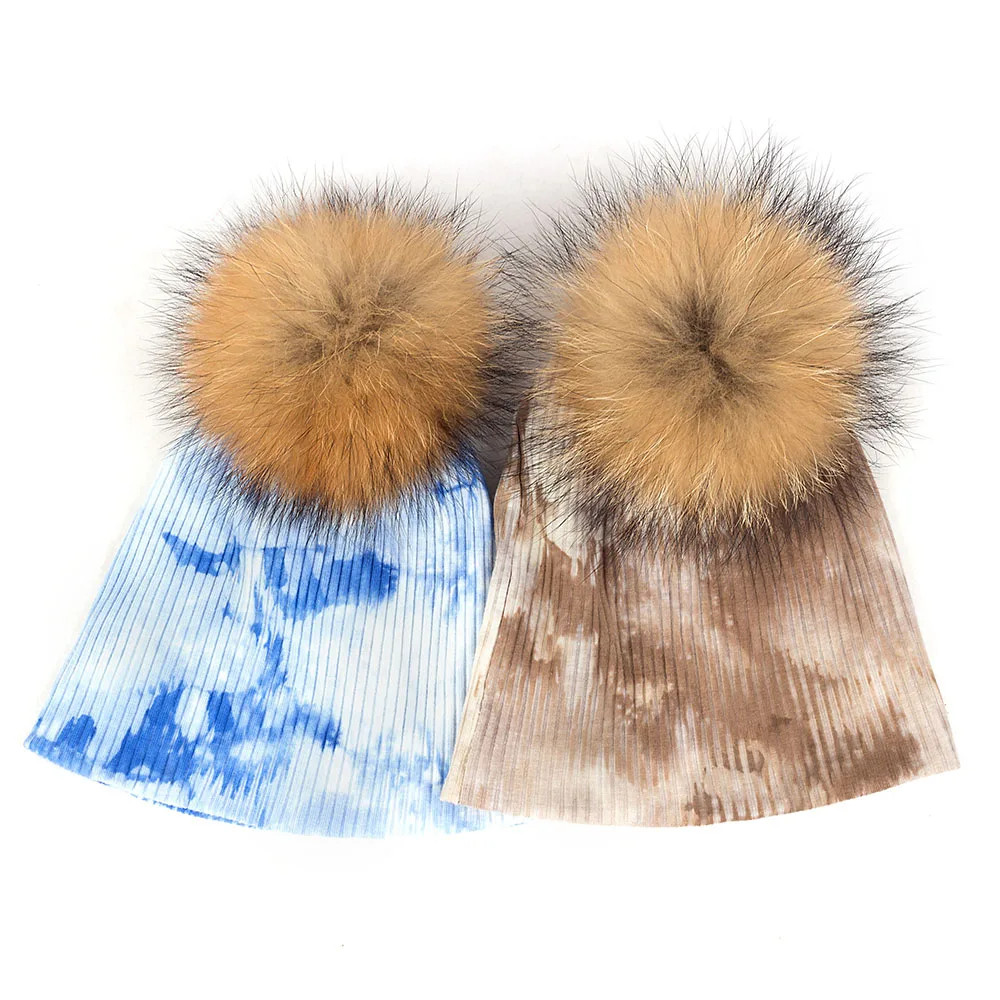 Echt Fell Pompon Candy Farbe Mützen Baby Mädchen Tie Dye Streifen Neugeborenen Childs Jungen Weiche Warme Stricken Baumwolle Mützen Outdoor hut