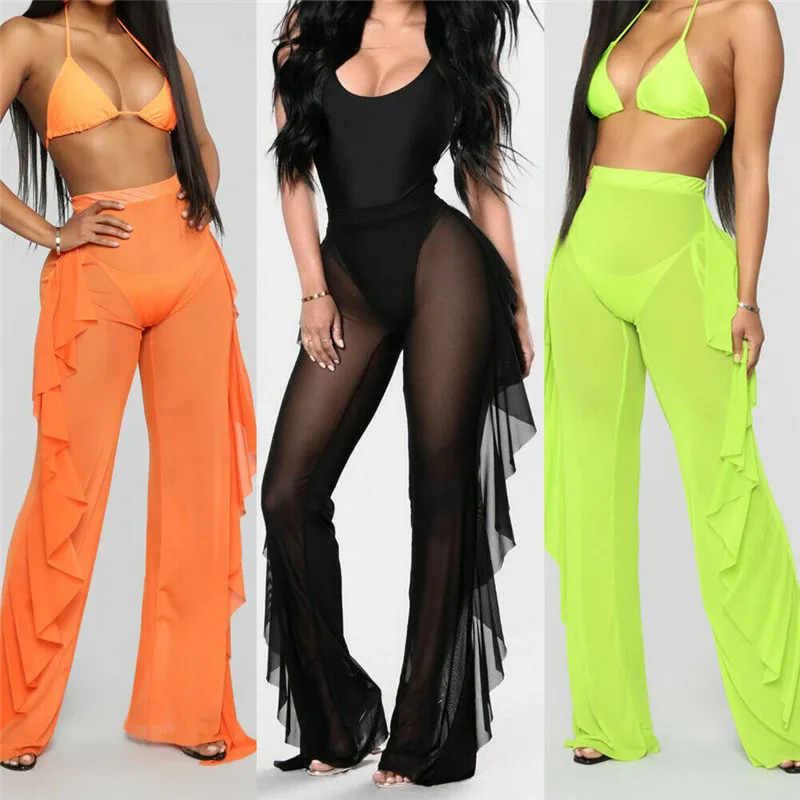 Hirigin Sexy Women See-through Pants Bikini Cover Up Mesh Ruffle Bottoms Plus Size Loose Long Trousers Beachwear Swimsuit