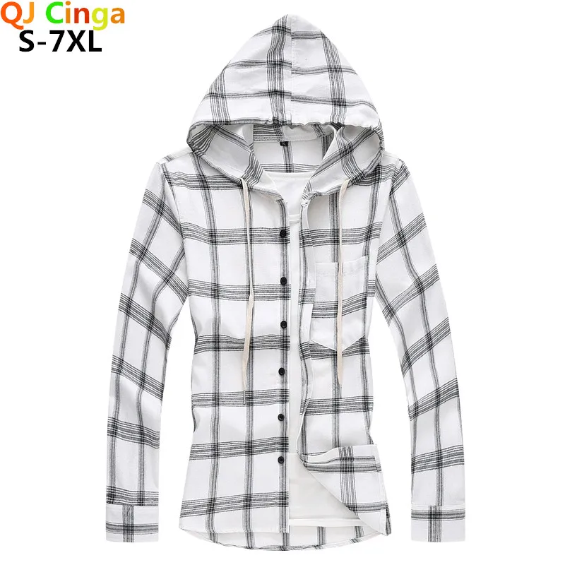 White Plaid Hooded Shirt for Men Spring and Autumn New Classic Stripe Shirts for Men Black Camisa S-5XL 6XL 7XL Chemise for Male