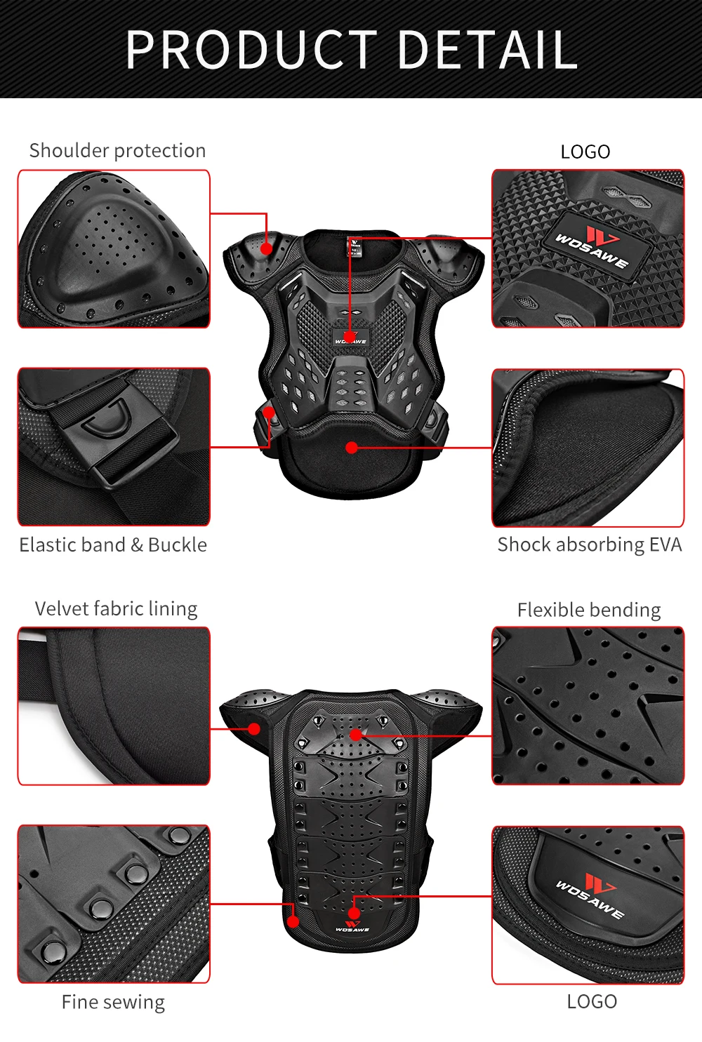 WOSAWE Children Kids' Motorcycle Armor Snowboard Chest Spine Body Protection Back Bandage Ski Motorbike Vest Jacket Suit