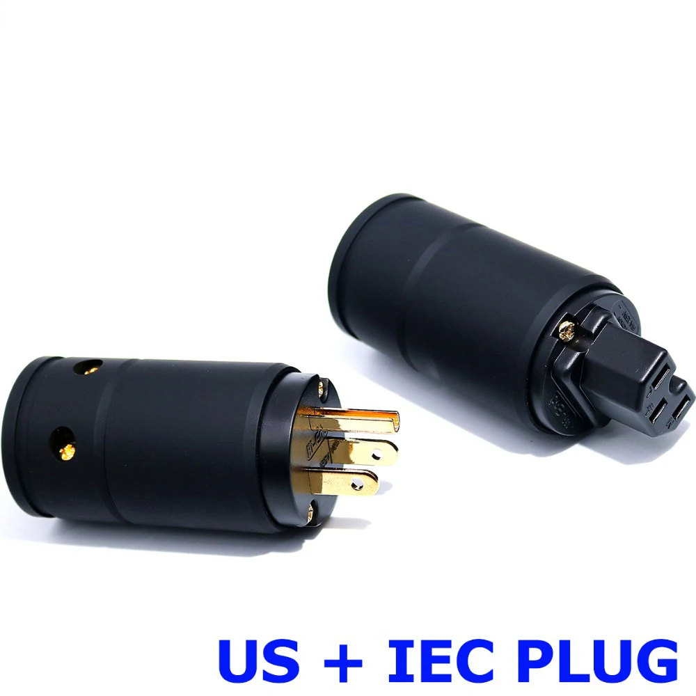 Hifi Audio Grade Black Metal Shell Gold Plated Grounding Electric US EU IEC AC Female Male Power plug