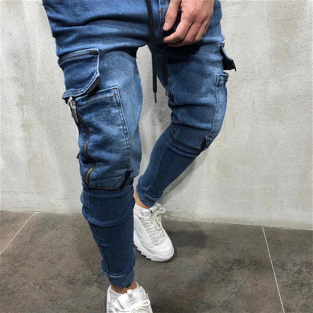 EH · MD® Zip Pocket Jeans Men's Feet Casual Trousers Soft Fabric Skinny Solid Color Fashion Slim 2020 Trendy Brand Black Blue