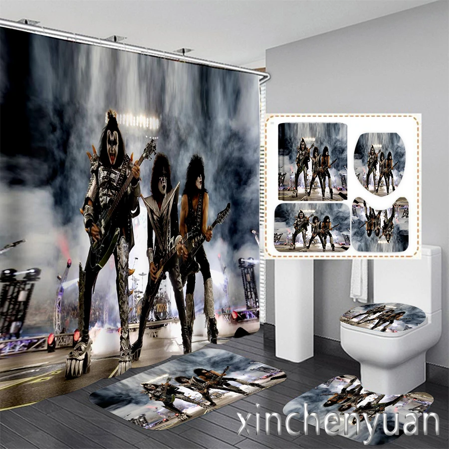 Kiss Band 3D Printing Waterproof Bathroom Shower Curtain Toilet Cover Mat Non-Slip Floor Mat Rug (1/3/4Pcs) W17