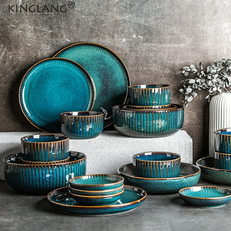 KINGLANG Klin Glazed Sky Blue Tableware Set Nordic Ceramic Salad Round Dish Main Course Plate and Bowl Porcelain Dinnerware Set