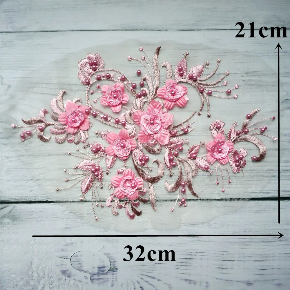 Pink Blue Beads 3D Flower Lace Fabric Embroidered Gown Appliques Trims Collar Mesh Sew Patches For Wedding Decoration Dress DIY