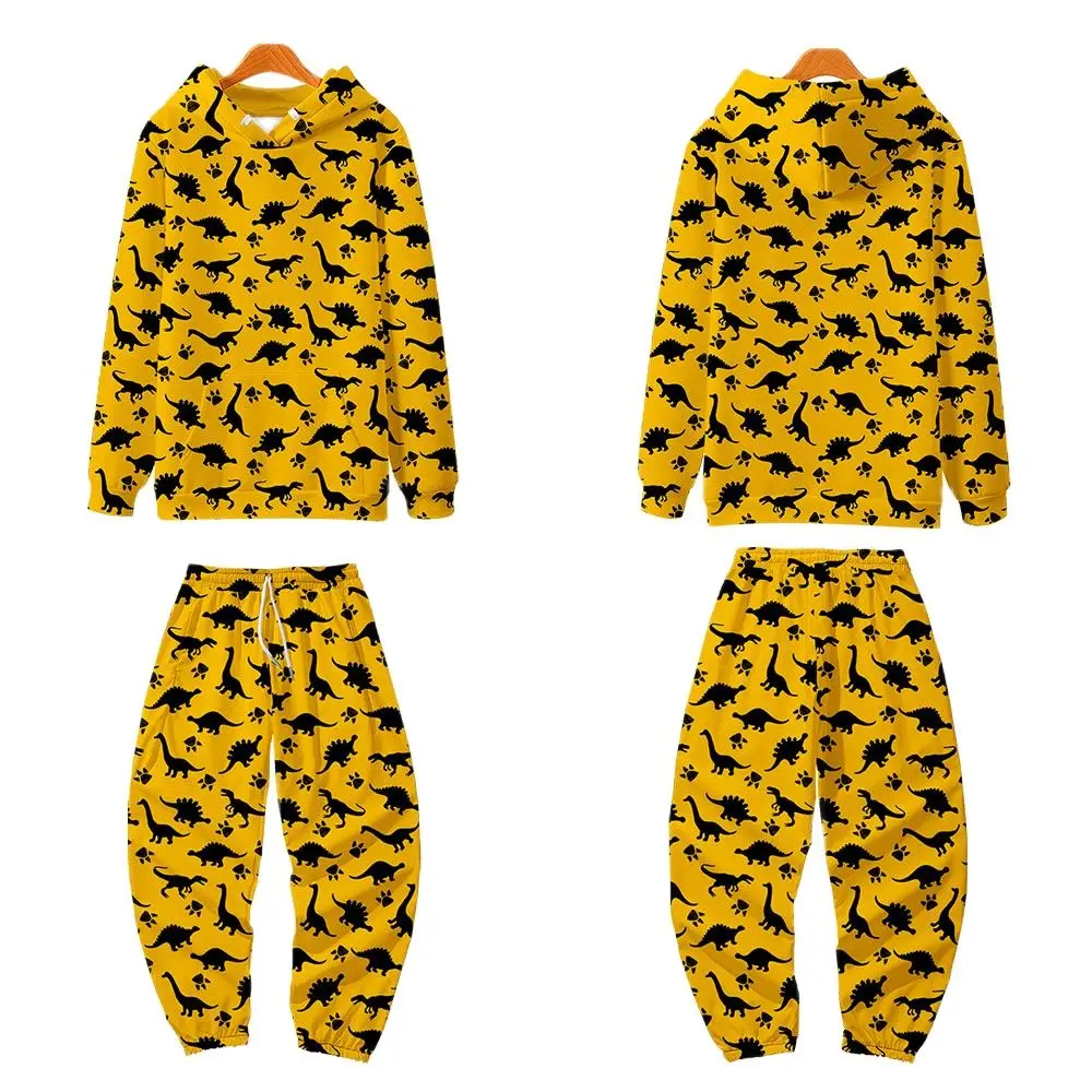 

Spring Men's Sweatshirt Set Hoodies+Sweatpants Tracksuit 2 Piece Set Outfits Yellow Dinosaur Print Pullover Streetwear Clothes