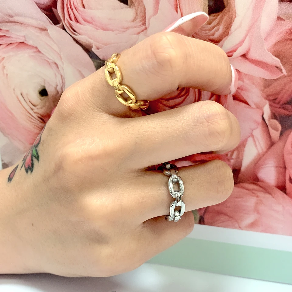 High Quality 18 K Waterproof Stainless Steel Rings For Women Braided Twisted Chunky Dome Gold Chain Ring Stacking Band Jewelry