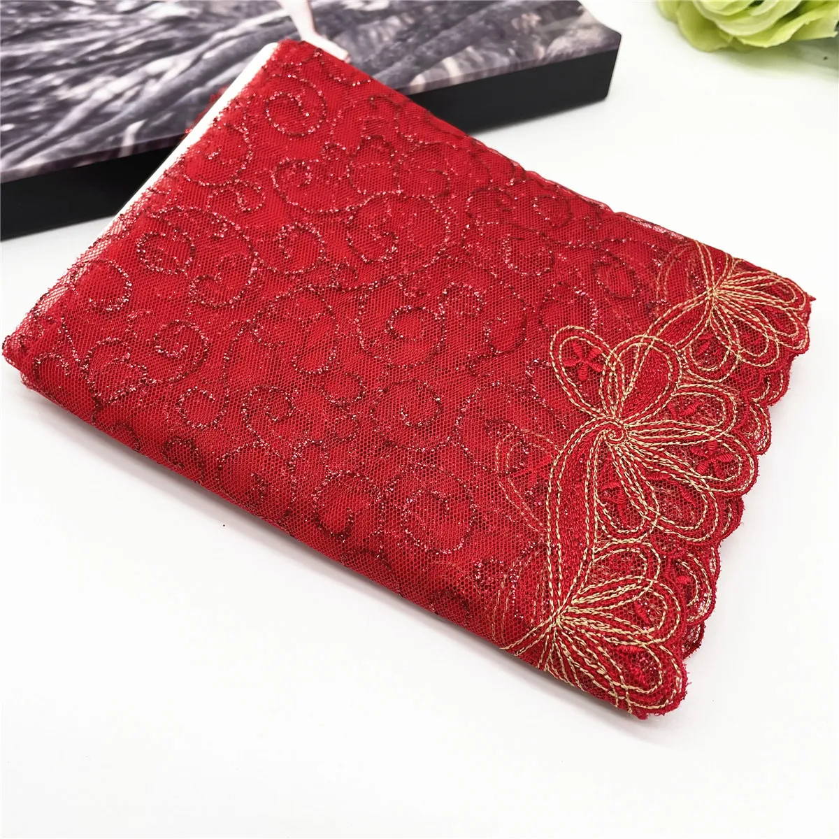 3y/lot Width 7 inch (18cm) Red With Metallic Shiny Embroidery Lace Trim For Skirt Hem Clothes Sewing Material DIY Apparel Fabric