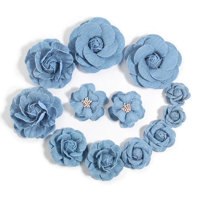 

60Pcs Headmade Flowers Boutique For Headbands Denim Fabric Flower For Baby Girls Hair Accessories