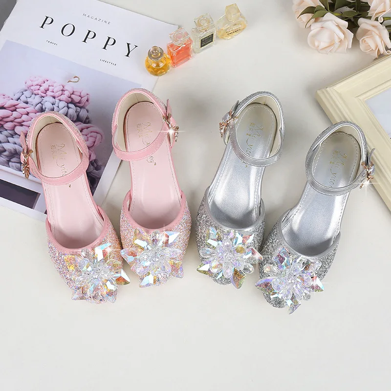 New Princess Kids Leather Shoes Crystal Flower Casual Glitter Children High Heel Girls Banquet Party Shoe Student Buckle Sandals