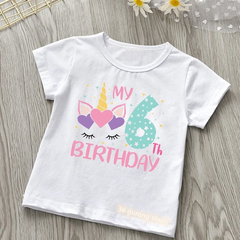 My 2-9th Birthday Numuber T-Shirt Kawaii Unicorn Eyelashes Love Cartoon Kids Clothes Girls T Shirt Short Sleeve T-Shirts