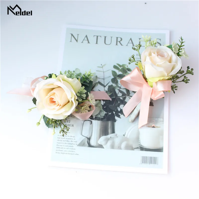 Meldel Faux Rose Groom Boutonniere Bunga Pernikahan Pergelangan Tangan Korsase Gelang Pengiring Pengantin Pita Pernikahan Korsase Bunga Aksesoris