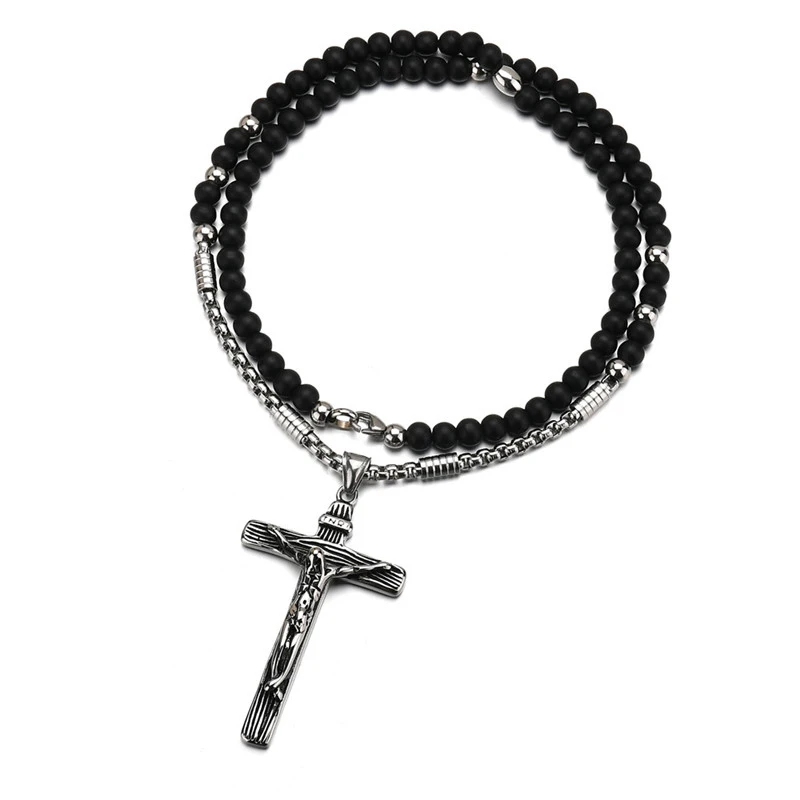 AsJerlya New Cross Pendant Necklace For Men Women 316L Stainless Steel Rosary Beads Necklace Religious Jewelry