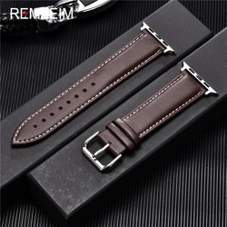 REMZEIM Calfskin Leather Watchband for Apple Watch Band Series 8/7/6/5/4/3 Sport Bracelet 42mm 38mm 45mm 44mm 40mm Brown Black