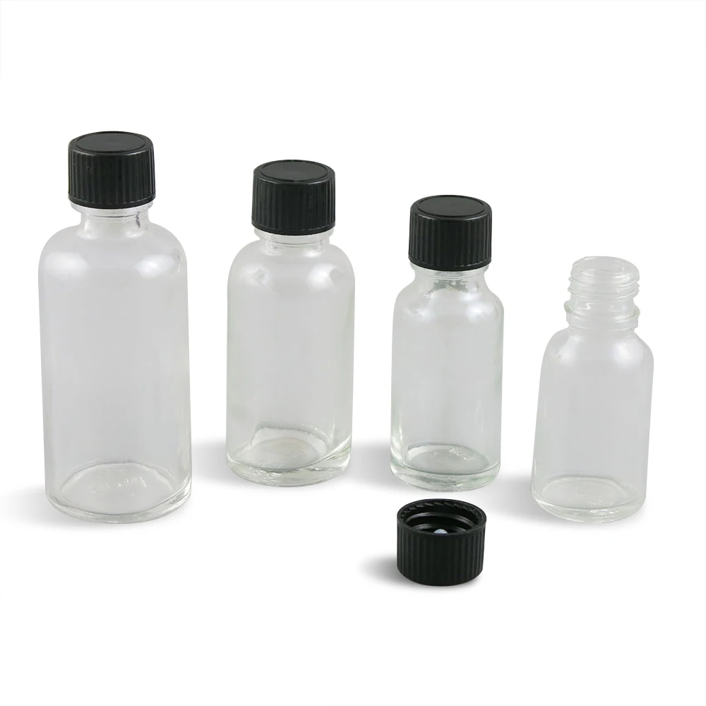 

12 x Refillable 100ml 50m 30ml 20ml 15ml 10ml 5ml Transparent Glass Bottles with Black Plastic Cap 1oz 5/3oz Cosmetic Containers