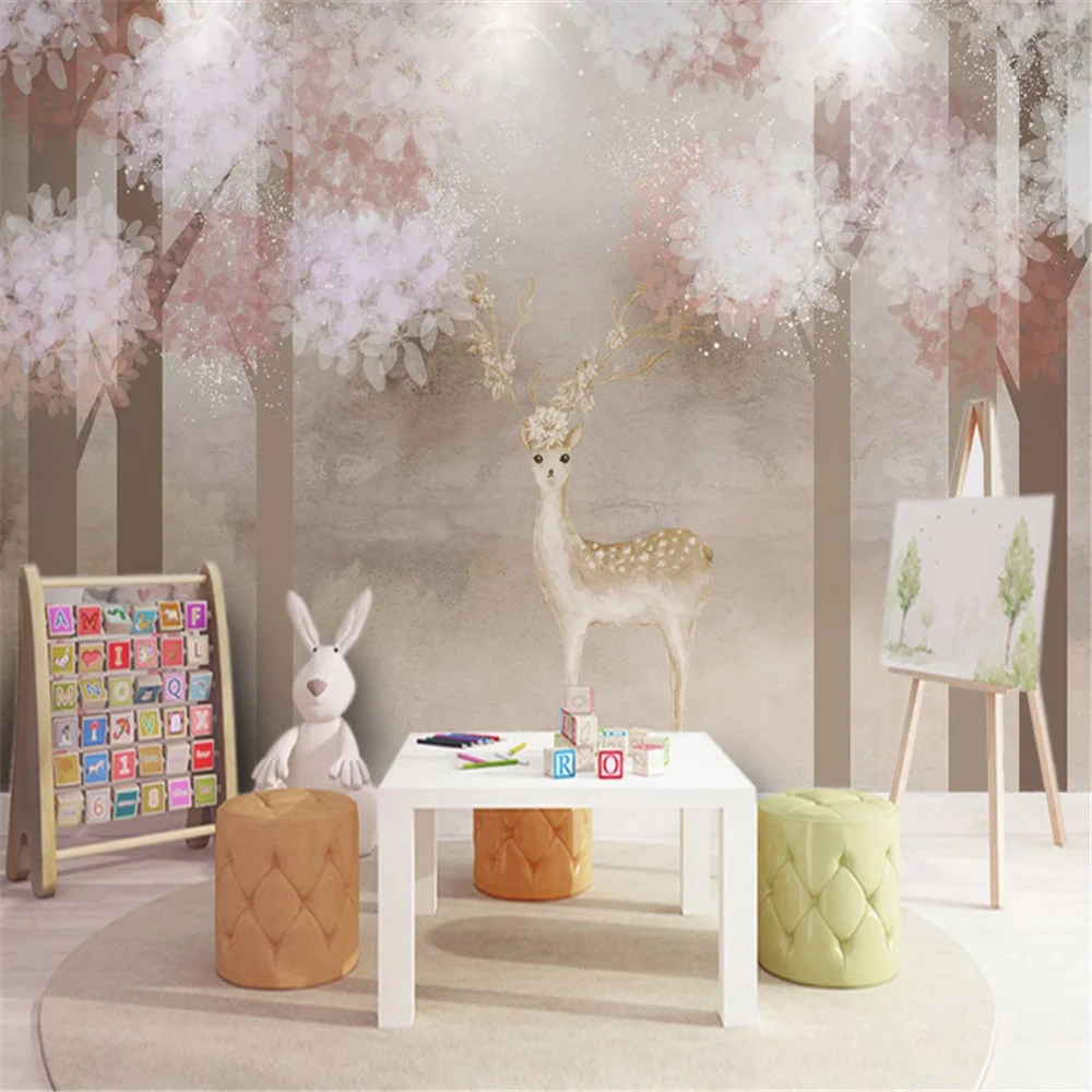 

Milofi custom photo 3D wall covering mural wallpaper Nordic hand painted watercolor woods elk decoration background wall forest