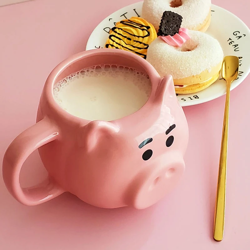 Cartoons Cute Pink Pig Mug Milk Coffee Cups Microwave Heating Ceramic Cup With Spoon Gift Box For Gift 550ml Large Capacity