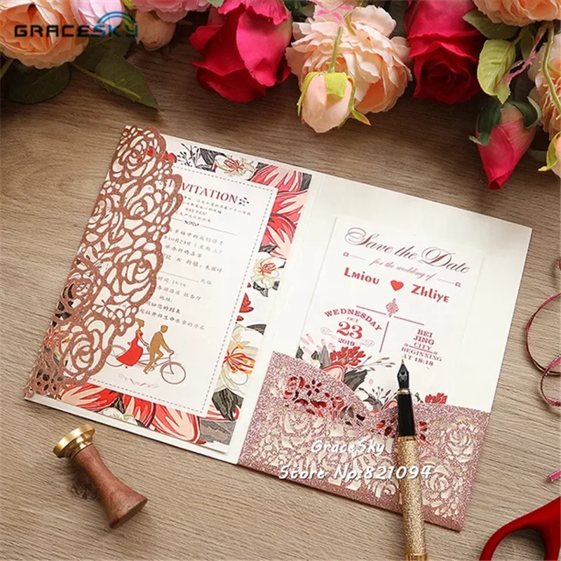 

50pcs free shipping Laser cut Glitter Paper rose invitation pocket card wedding invitations Cards,customized wedding rsvp cards