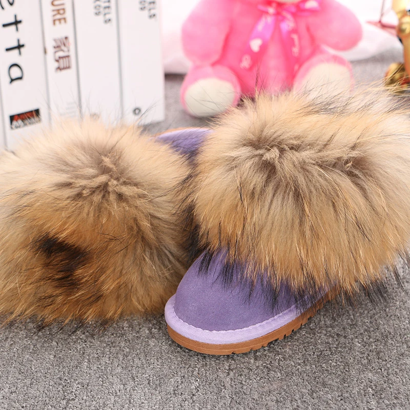 Genuine Leather Children Shoes Customized Kids Snow Boots Natural Big Fox Fur Cold Winter Boys Girls Warm Botas Baby Boots