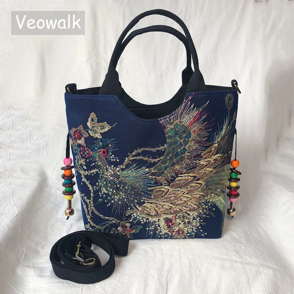 Veowalk Summer Women Shiny Peacock ricamato Tote Bag Retro Ladies Casual grande Shopping borsa con cinture a tracolla fatte a mano