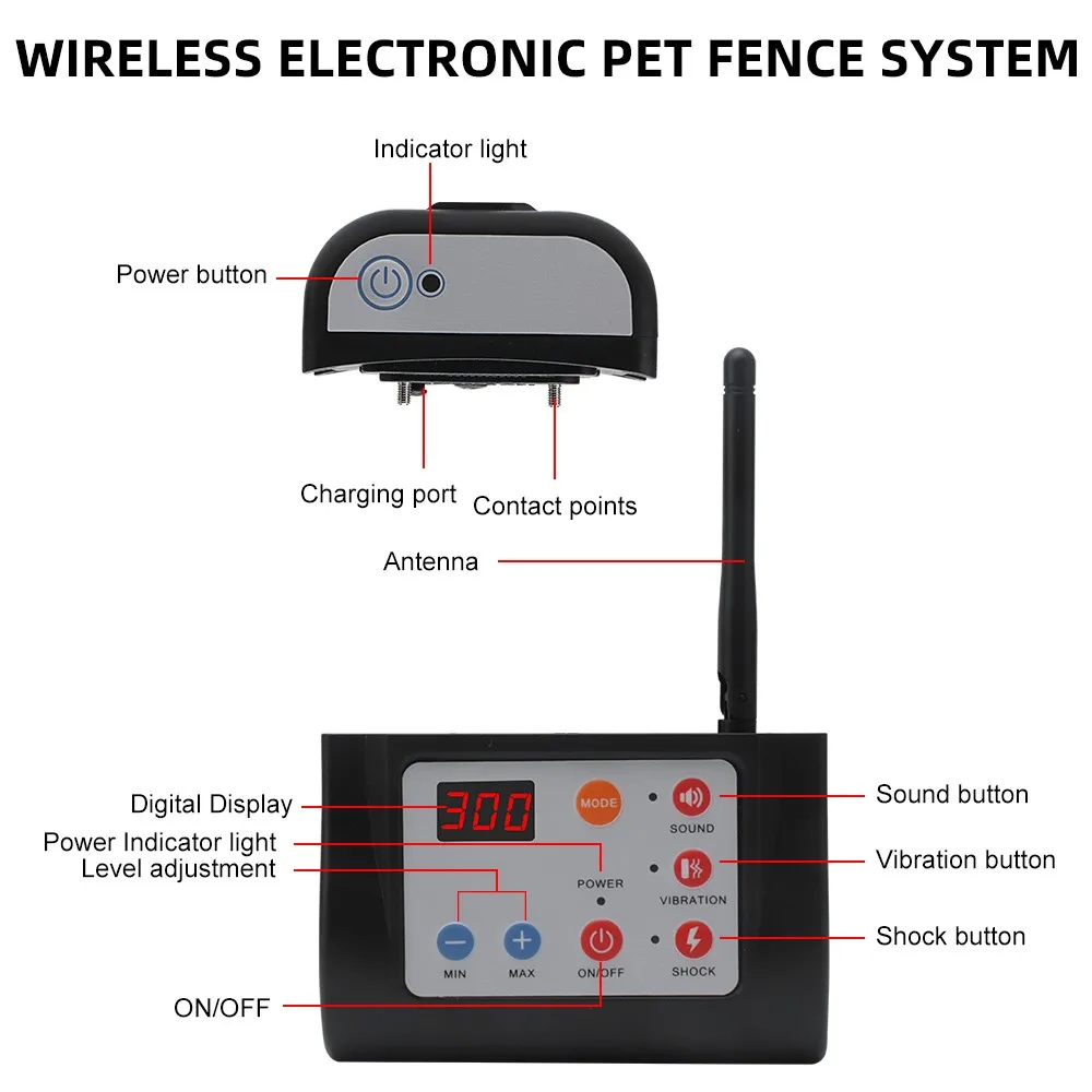 2 In 1 Wireless Electronic Dog Fence System Pet Dog Training Collar Beep Shock Vibration Training and Fence Function For 3 Dogs