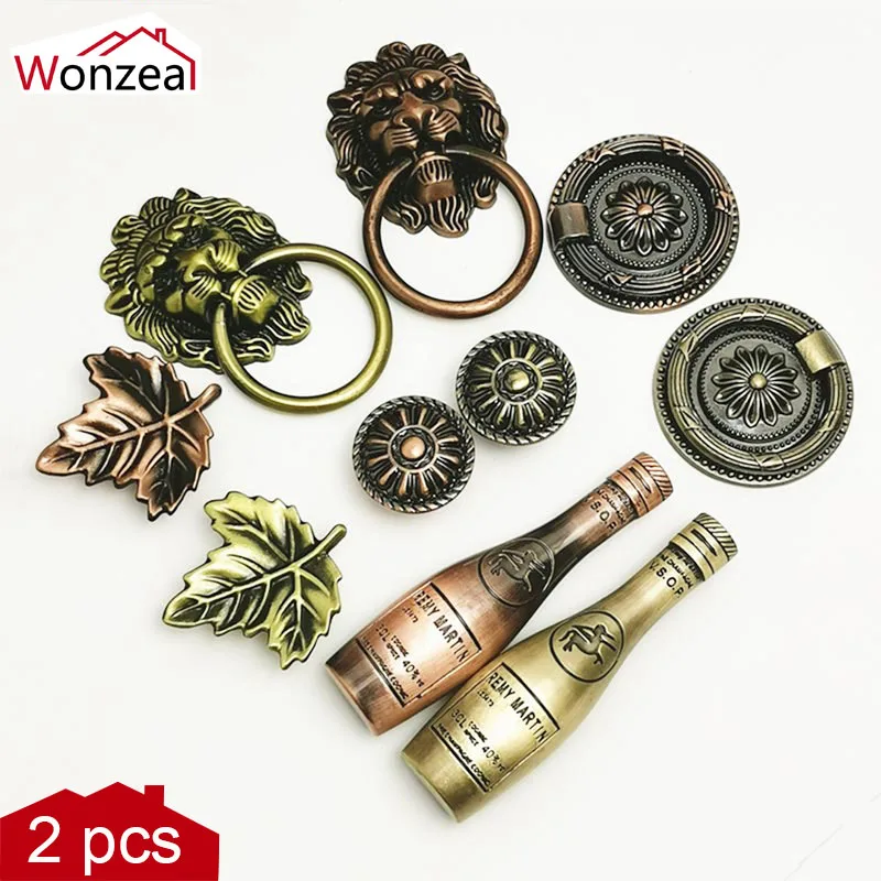 

2PCS Vintage Bronze Handles Wine Bottle Leaves Lion Head Shape Cabinet Knobs Kitchen Door Cupboard Wardrobe Handles Antique Pull