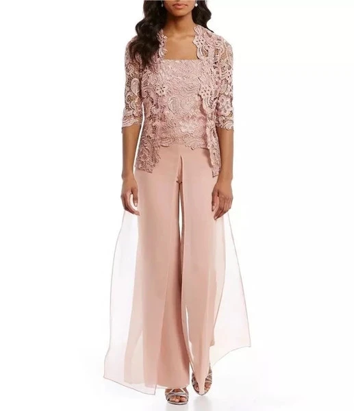 Abiti per la madre della sposa rosa guaina in pizzo Chiffon con giacca pantaloni abito lungo sposo abiti per la madre per matrimoni