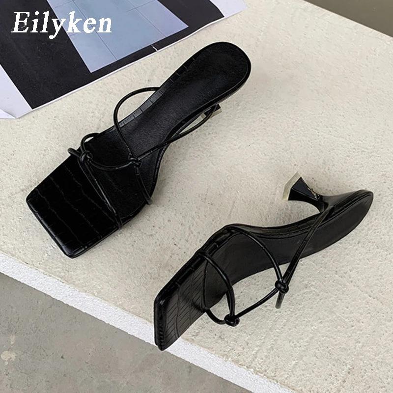 Eilyken 2024 New Summer Gold Slipper Low Heel Slides Female Peep Toe Square Heel Sandal Vacation Women Flip Flops Mujer Shoes