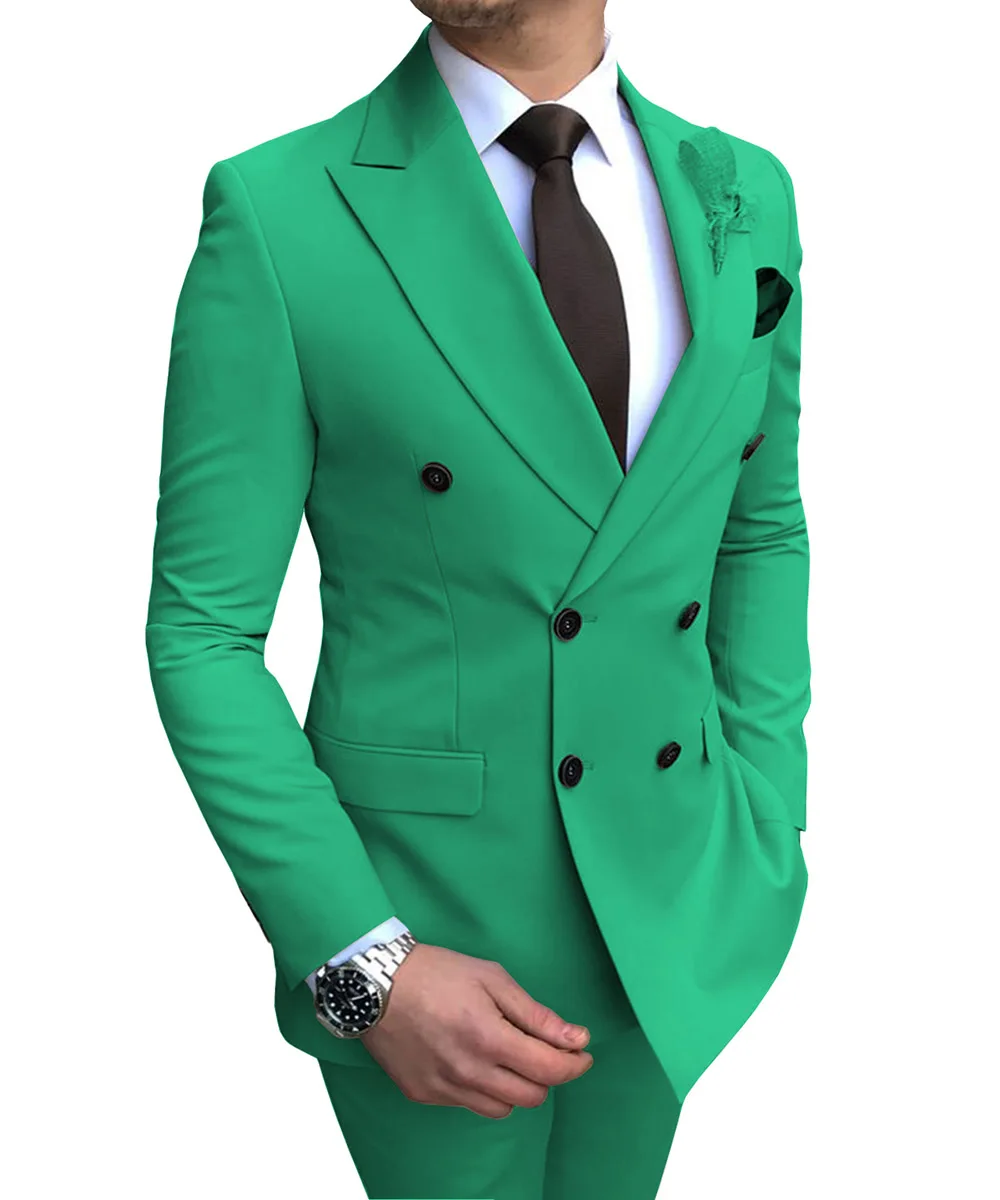 

2024 Green Men's Suit 2 Pieces Double-breasted Notch Lapel Flat Slim Fit Casual Tuxedos For Wedding(Blazer+Pants)