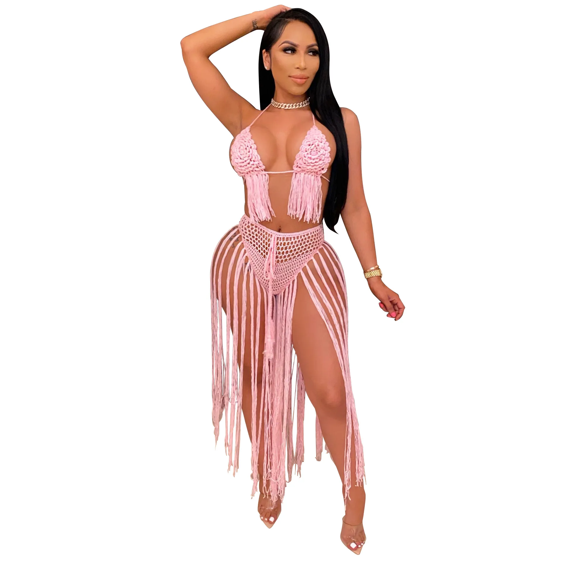 JRRY Casual Women Knitted Set Halter Backless Crop Top Long Tassels Briefs Crocheted 2 Pieces Set Hollow Out Crochet Beach Wear