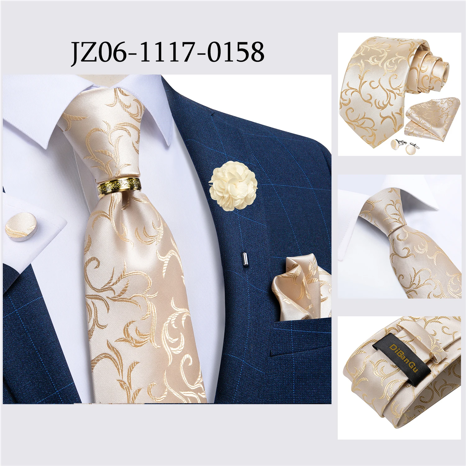 Handgefertigte Paisley-Blumen-Krawatte in Königsblau für Herren, klassische 8 cm breite gewebte Jacquard-Krawatte mit Einstecktuch, Manschettenknöpfen und Brosche – Detail 27