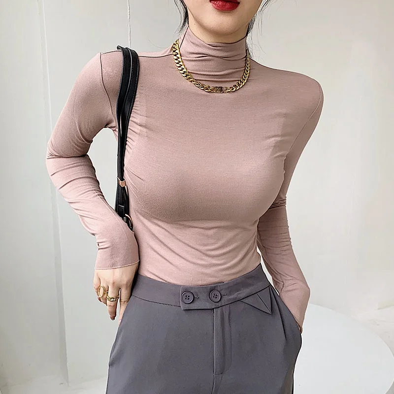 New High Collar Modal Autumn Winter Women Base Shirt 2023 Casual Solid Long Sleeve Slim Stretch T-shirt Ladies Fashion Tops