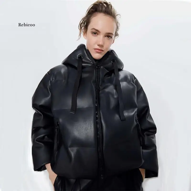 women PU leather Parkas jackets and coats Hooded Faux Leather Zipper warm Cotton Jackets for  Female Ladies