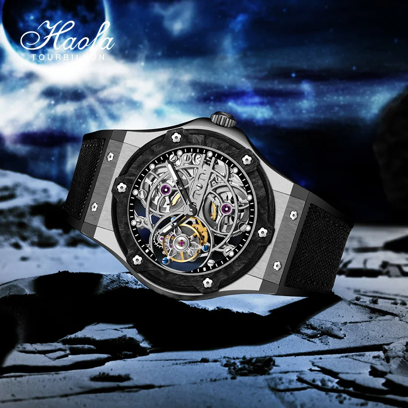 Haofa Skeleton Tourbillon Watch for Men Manual Movement Mechanical Watch Carbon Fiber Bezel Sapphire Luxury Business Watch 1918