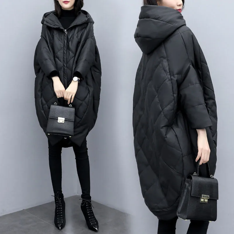 Cocoon-type Cotton Padded Jacket 2021 New Winter Large Size Mid-length Parkas Coat Female Loose Pu Leather Cloak Jacket Black