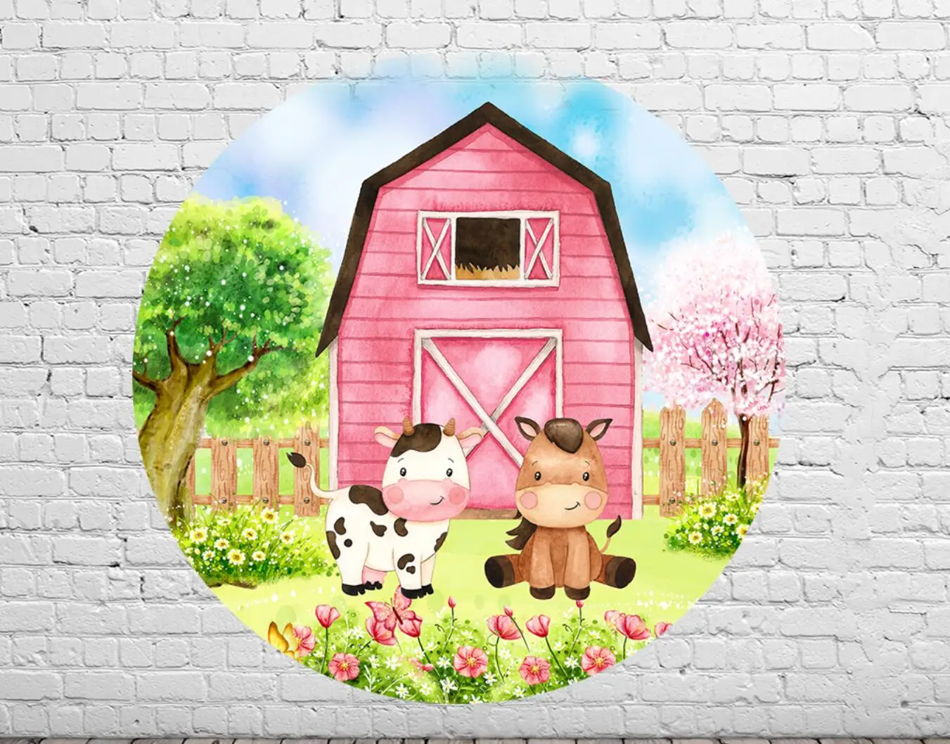 Pink Girl Farm Animal Round Circle Background Baby Shower Birthday Backdrop Kids Party Decor Table Plinth Covers