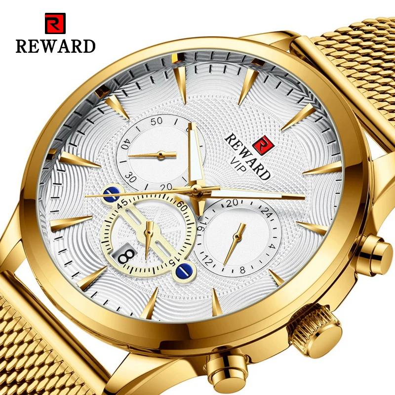 REWARD Men\'s Watch Quartz White Dial Date Display Mesh Band Luxury Golden Top Brand Business Watches Relogio Masculino