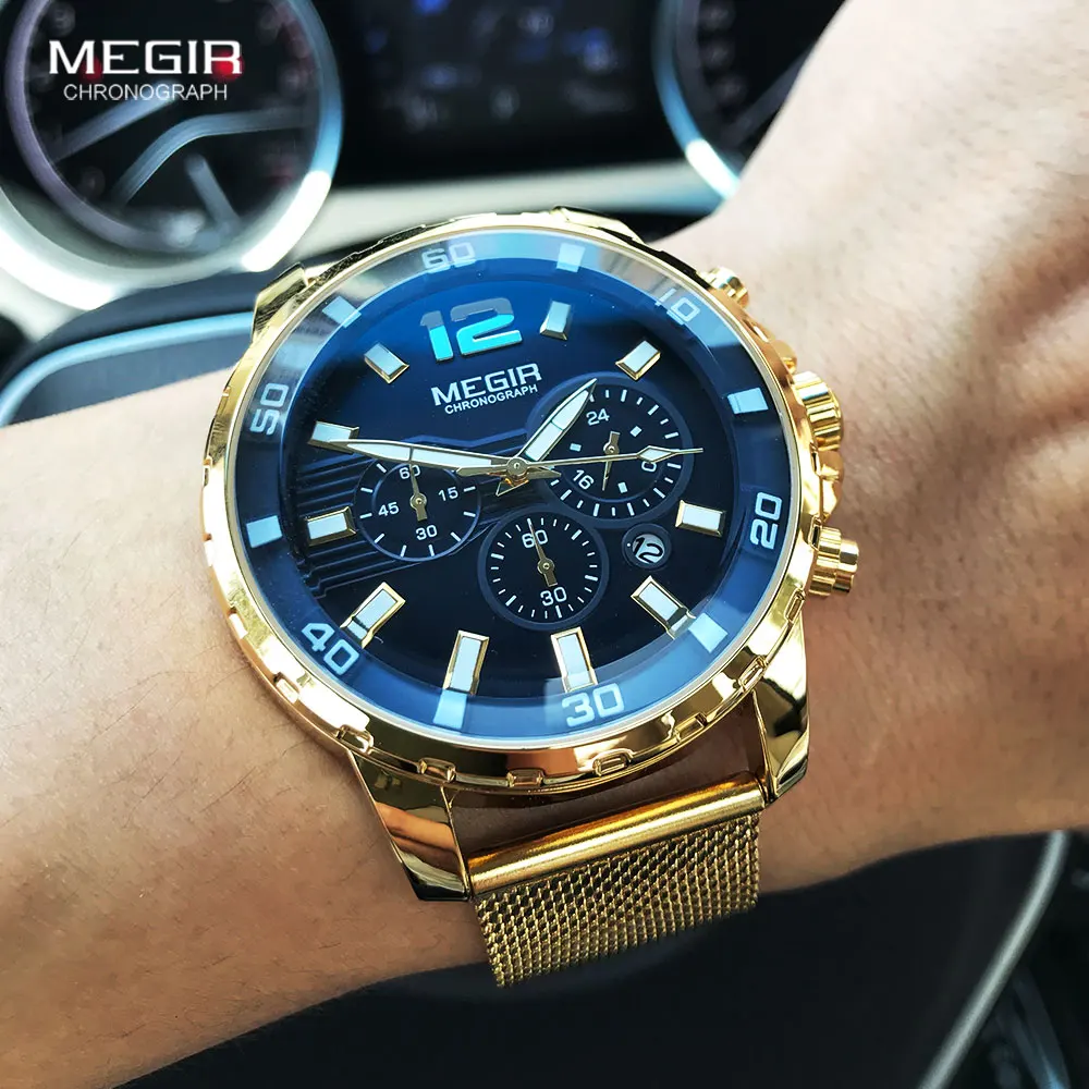 Megir 2020 orologi sportivi alla moda da uomo Luxury Top Brand Blue Face cronografo orologio da polso al quarzo orologio con cinturino in maglia