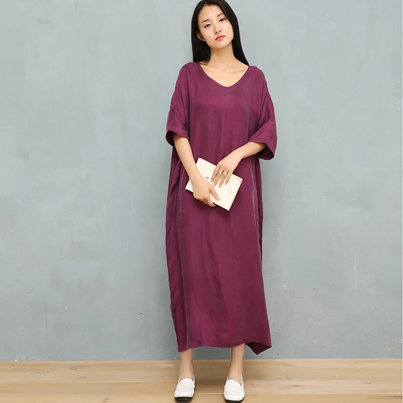 NINI WONDERLAND Summer Dress Female Cupro And Silk Classic Dress 2021 Women V Neck Batwing Sleeve Loose Dresses Brief Large Size