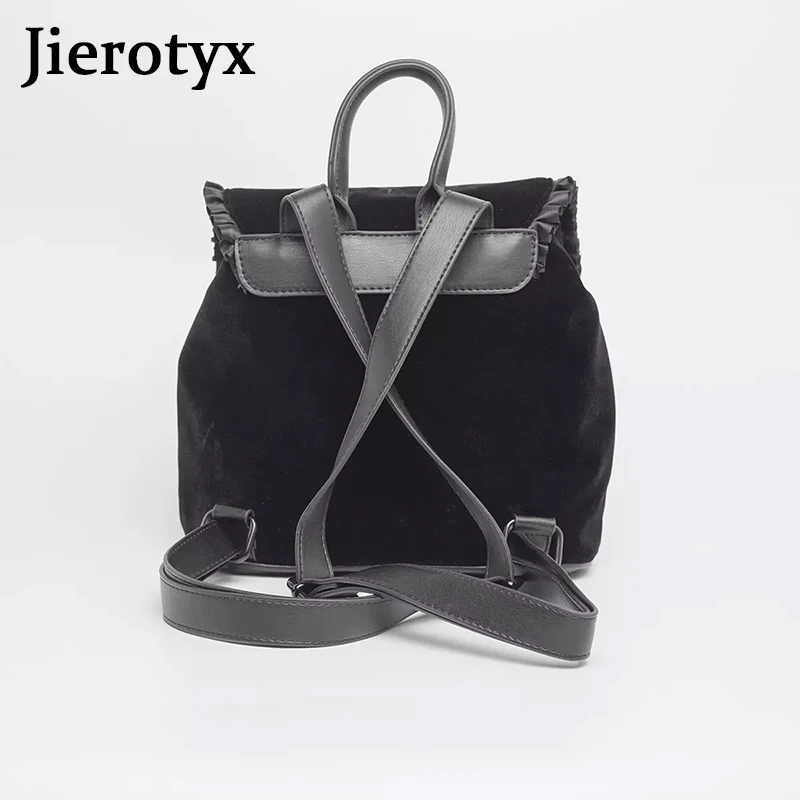 JIEROTYX Dark Harajuku Velvet Backpack Women Gothic Magic Embroidery Black Punk Style Ladies Backpack Travel Bags Shoulder Bag