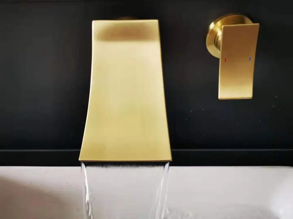 

Luxury brushed gold bathroom sink faucet waterfall brass wall mounted basin mixer tap Single handle double control faucet