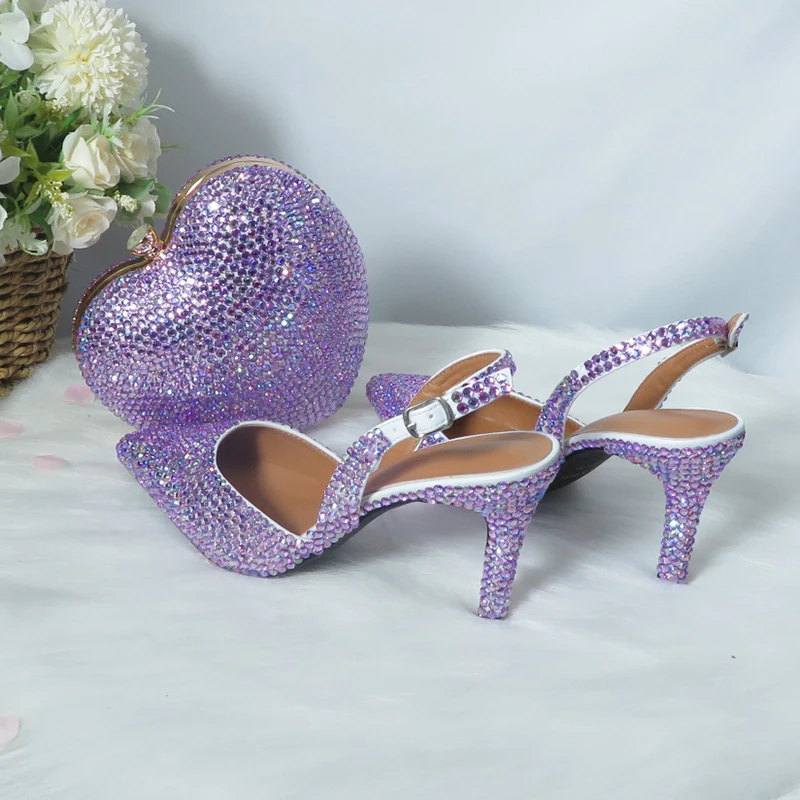 LoveinCrystal Bridal Wedding Shoes And Heart Bag Pointed Toe Girl Party Dress Thin Heels Women\'s Lavender Purple Sandals