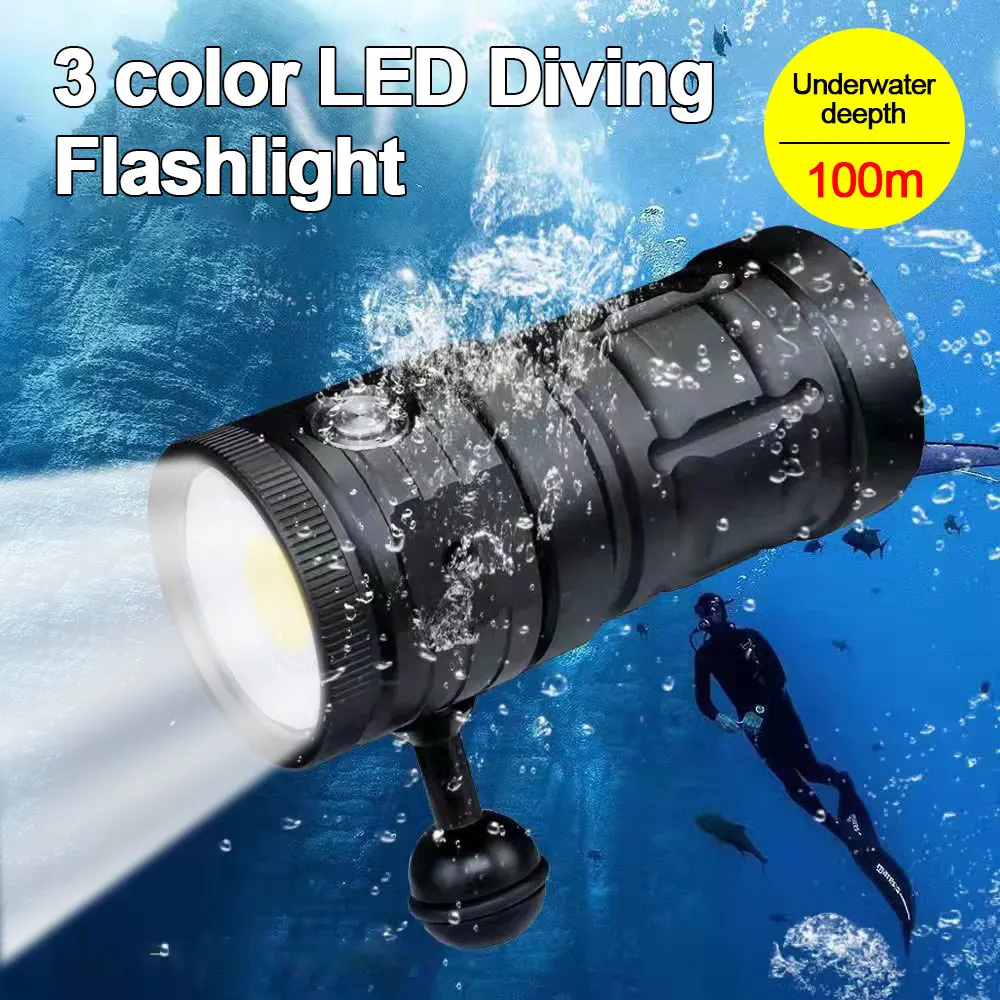 18000LM Diving Flashlight 3 Color Lights Underwater 100m Photography Video Lamp 140 Degrees IPX8 Waterproof Tactical Torch