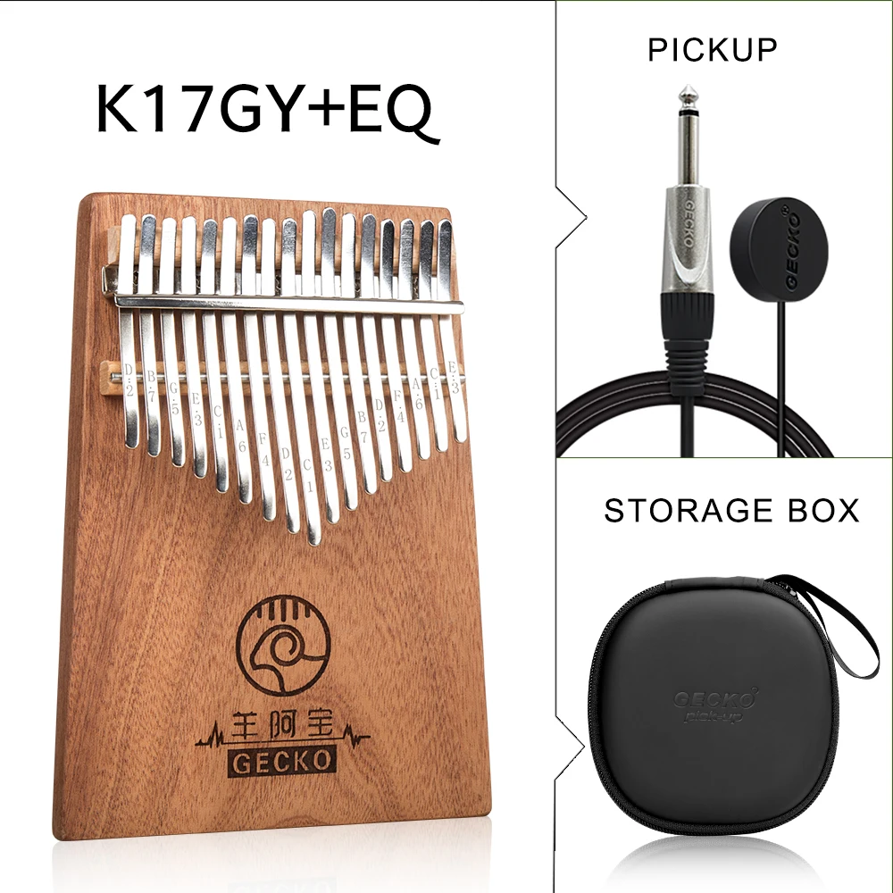 GECKO Kalimba 17 Keys Full veneer solid Mahogany Body,with Instruction and Tune Hammer, Portable Thumb Piano C Tone K17GY